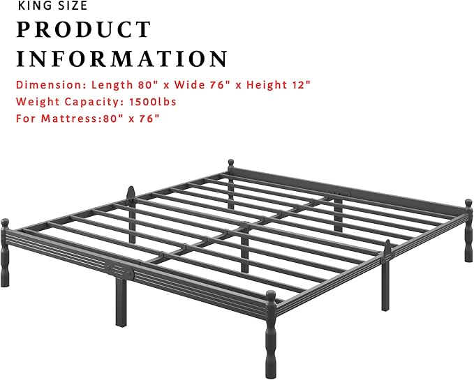 ZIYOO 12 Inch King Size Metal Platform Bed Frame - Vintage Style, 1500LBS Heavy Duty, Anti-Slip & Noise-Free, No Box Spring Needed with Under Bed Storage
