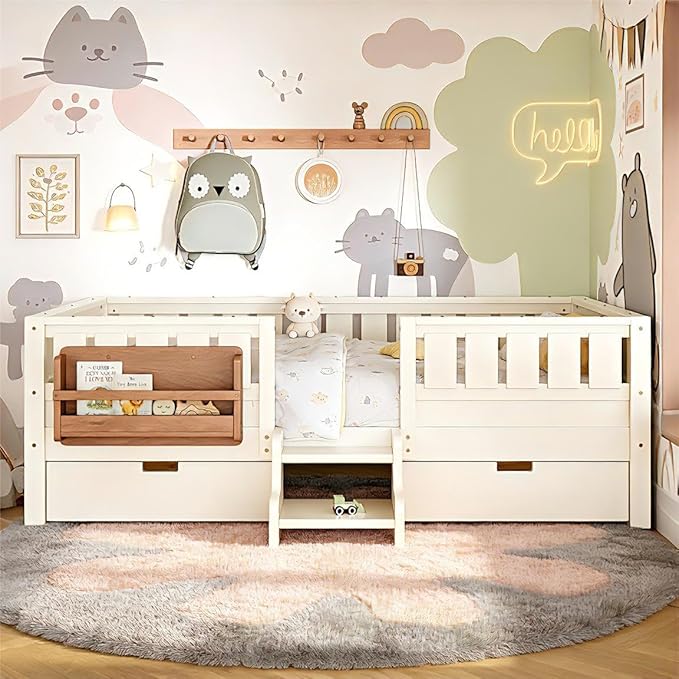 Bellemave Twin Bed with Storage Drawers & Bookshelf, Low Profile Kids Bed Frame with Staircase & Full Length Guardrails, Solid Wood Twin Bed for Kids with Slats Load 300LBS, Easy Assembly, Beige