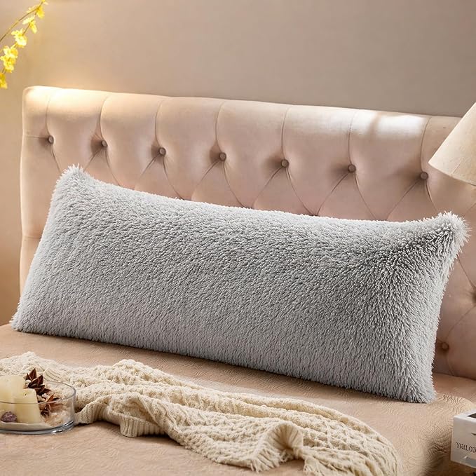 Reafort Luxury Faux Fur Body Pillow Cover 21" x 54", Long Hair PV Plush Body Pillow Case with Hidden Zipper Closure, Ultra Soft Fluffy Decorative Long Pillow Cover (Gray, Body)
