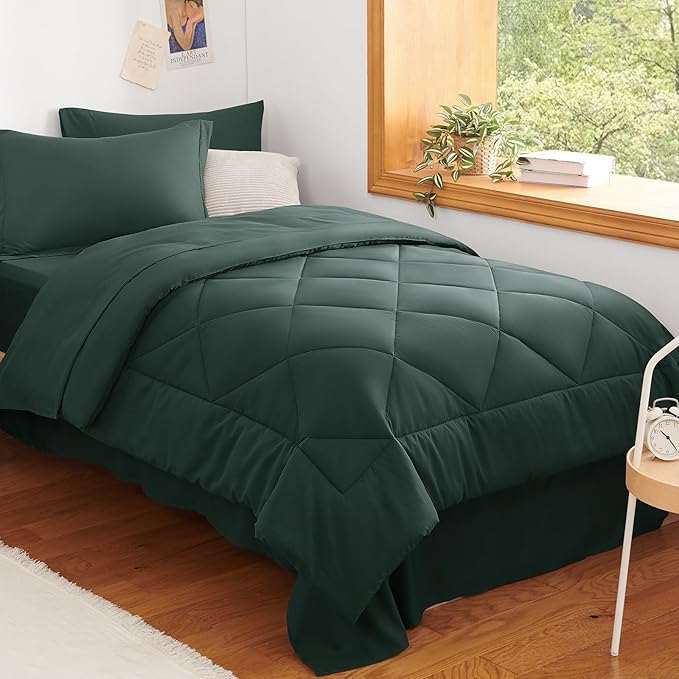 CozyLux Twin XL Comforter Set Forest Green - 5 Pieces Twin Extra Long Bed in a Bag for College Dorm, All Season Bedding Set for Girls and Boys, Soft Bed Set with Comforter, Sheets, Pillowcase & Sham