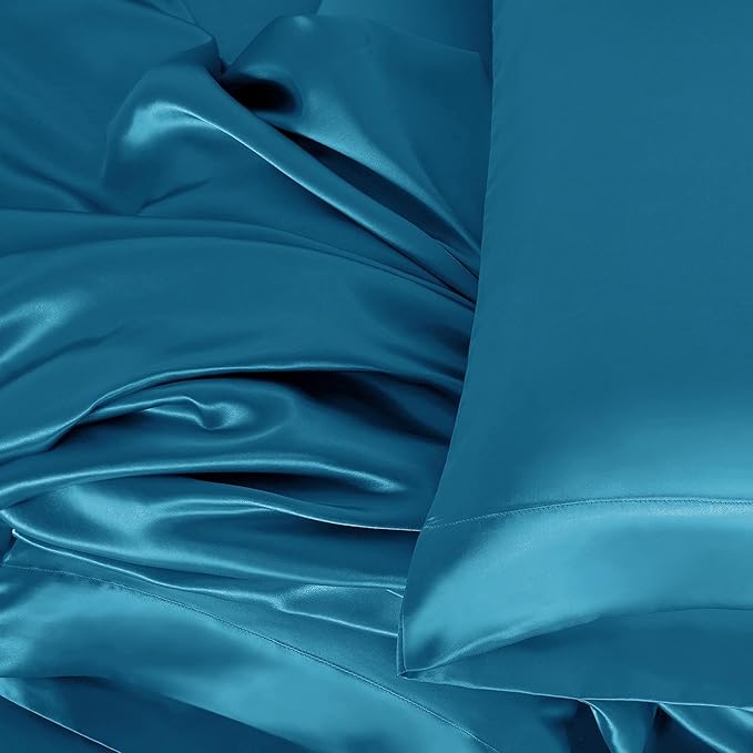 Homiest 4pcs Satin Sheets Set Luxury Silky Satin Bedding Set with Deep Pocket 1 Fitted Sheet + 1 Flat Sheet + 2 Pillowcases (King Size, Lake Blue)