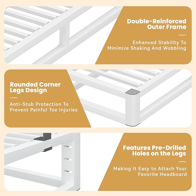 14 Inch Queen Bed Frame with Rounded Corner and Headboard Hole, Metal Platform Bed Frames 6 Non-Slip Guards, 3500lbs Heavy Duty Steel Slat Support, Squeak Free, No Box Spring Needed, White