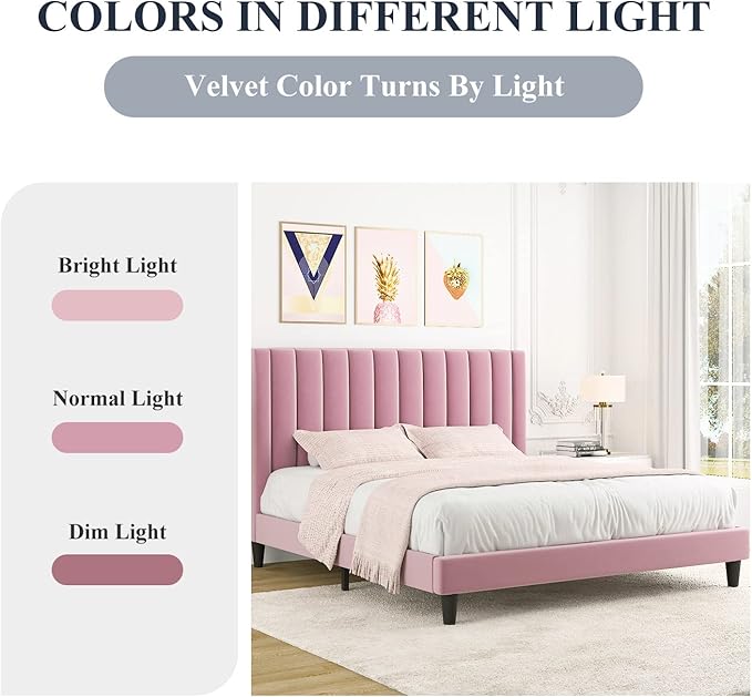 Allewie Full Platform Bed Frame/Velvet Upholstered Bed Frame with Vertical Channel Tufted Headboard/Strong Wooden Slats/Mattress Foundation/Box Spring Optional/Easy Assembly/Pink
