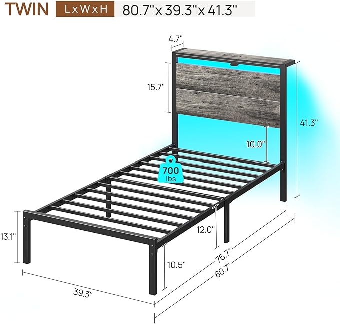 Rolanstar Bed Frame Twin Size with Charging Station, LED Twin Bed Frame with Wood Storage Headboard, Platform Bed with Metal Slats & Under Bed Storage, No Box Spring Needed, Noise Free, Deep Grey
