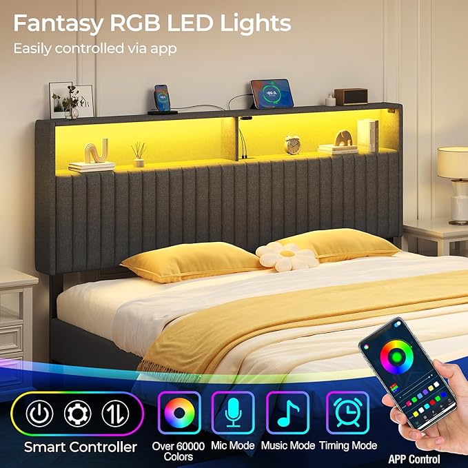 Rolanstar Headboard for King Size Bed with Storage, Head Board with USB & Type C Port, 60,000 DIY Color of LED Light, Velvet Upholstered, Height Adjustable, Sturdy, Easy Assembly, Grey