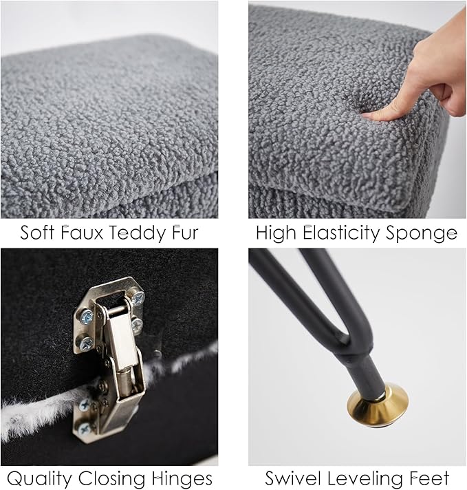 Vanity Stool Chair, Faux Teddy Fur Ottoman Foot Stool with Metal Legs & Adjustable Black Feet, Flip Top Storage Makeup Stool with Soft Padded Seat, Foot Rest for Makeup Room Bedroom, Gray