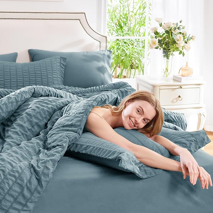 CozyLux Oversized King Comforter Set Mineral Blue Seersucker 7 Pieces 120x98 Bed in a Bag Comforter Set with Sheets, Luxury Bedding Sets with Down Alternative Comforter, Sheets, Pillowcases & Shams