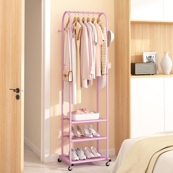 Kaitiemoo Heavy Duty Clothing Rack with Wheels,Modern Garment Rack with 3 Metal Shelves, 71.8Inches Display Rack for Hanging Clothes, Hanging Rod for Small Space,Pink