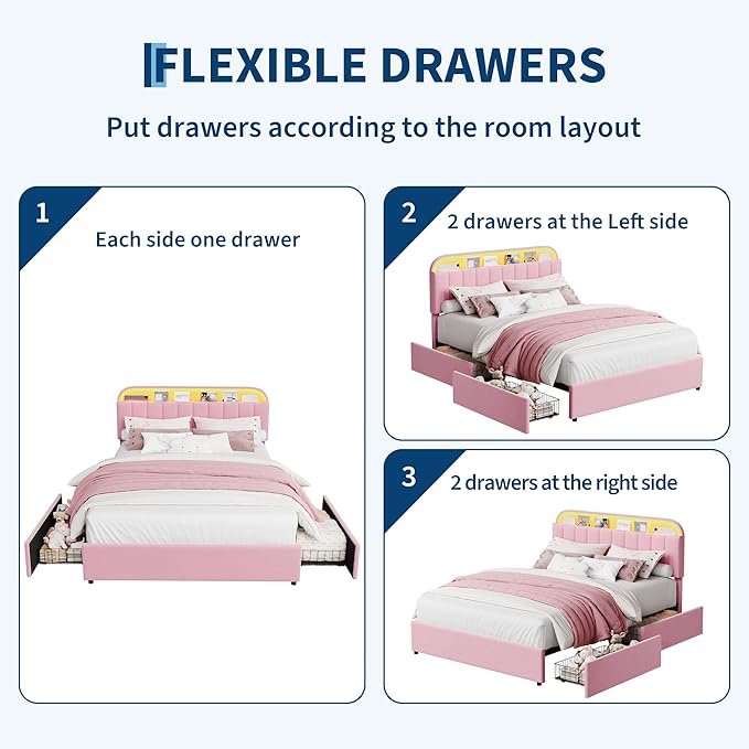 GarveeHome Queen Bed Frame with Storage Headboard, Kids Bed Frame with 2 Drawers, Velvet Upholstered Platform Bed Frame with Lights, No Box Spring Needed, Easy Assembly, Velvet Pink