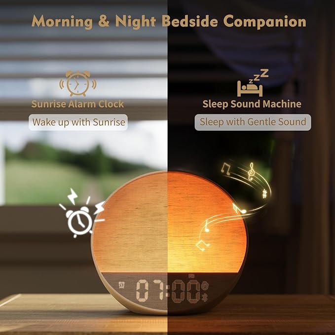Dynamic Sunrise Alarm Clock with Bluetooth Speaker, Remote Control, Dual Alarms, Tap-to-Snooze, Display Off Mode, 36 Sounds + 15 Lightings, White Noise Sound Machine for Sleeping Adults, Kids [Cream]