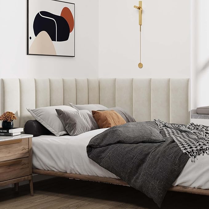 IFNOW Wall Mounted Upholstered Headboard Queen, 3D Peel and Stick Soundproof Panels, Reusable and Removable Padded Leather Bed Headboard, 9 Panels 9.84" x 23.62", Ivory White