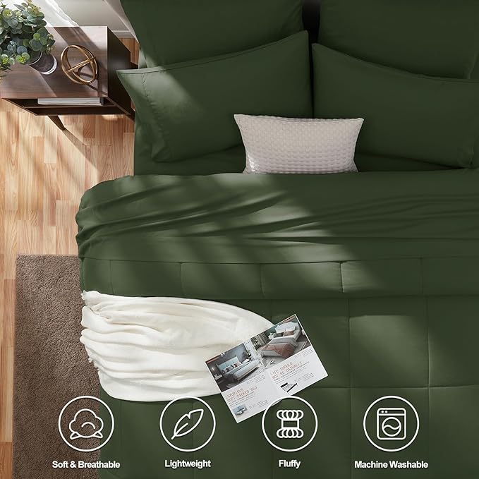 CozyLux Queen Comforter Set Olive Green, 7 Pieces Bed in a Bag, Green Comforters Queen Size, All Season Bedding Sets with Stitch Quilted Comforter, Flat Sheet, Fitted Sheet, Pillowcases
