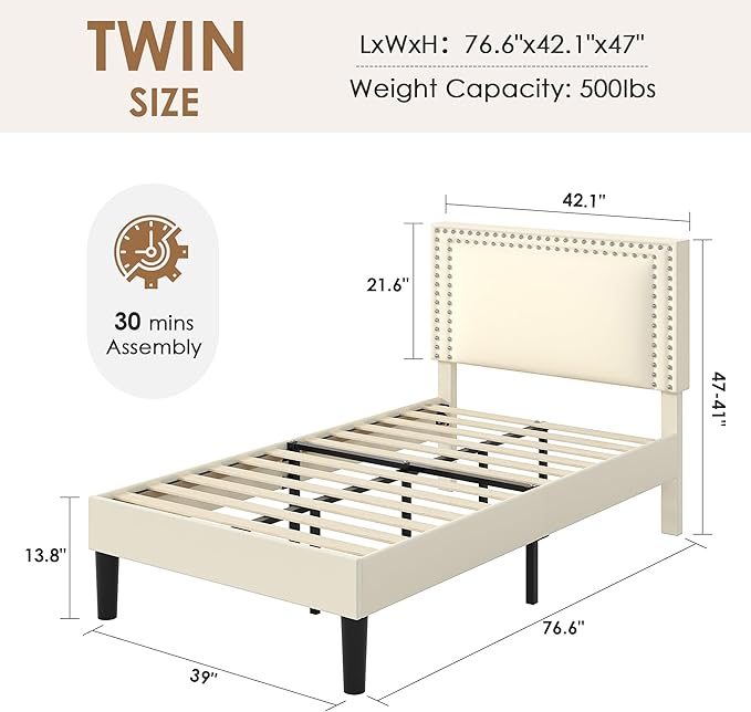 VECELO Twin Size Platform Bed Frame with Height Adjustable Upholstered Headboard, Modern Mattress Foundation,Strong Wood Slat Support, No Box Spring Needed, Easy Assembly, Beige