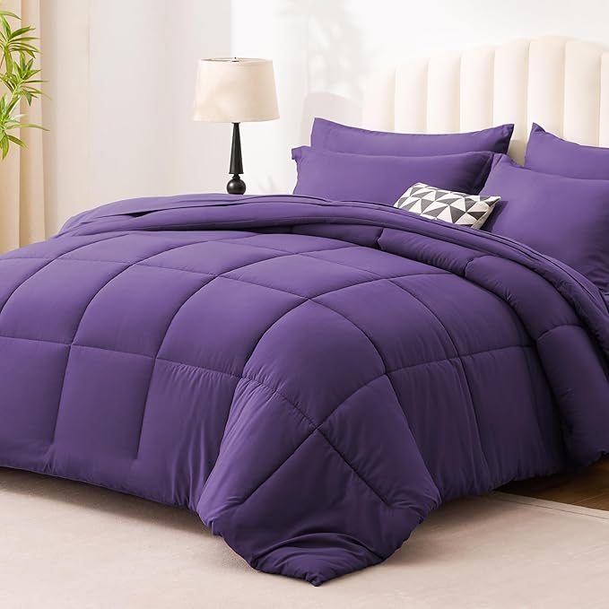 Love's cabin Queen Comforter Set Dark Purple, 7 Pieces Queen Bed in a Bag, All Season Bedding Sets with 1 Comforter, 1 Flat Sheet, 1 Fitted Sheet, 2 Pillowcase and 2 Pillow Sham | Soft, Breathable, Lightweight, Comfortable