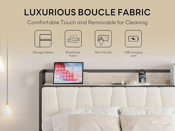 LIKIMIO Full Bed Frames, Bouclé Storage Headboard with Charging Station, Solid and Stable, Noise Free, No Box Spring Needed, Easy Assembly
