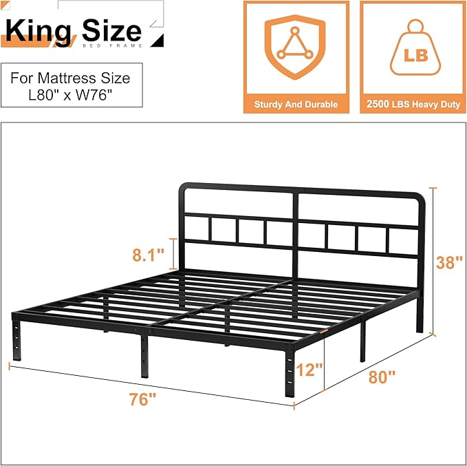 Husleephu King Bed Frame and Headboard, 12 Inch Bed Frame King Size No Box Spring Needed, Heavy Duty Metal Slats, Easy Assemble, Noise Free, Black
