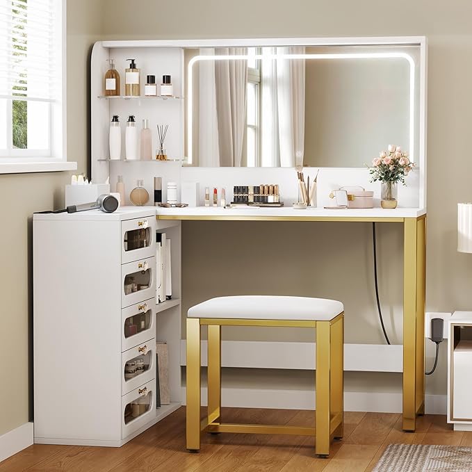 DWVO Vanity Desk with LED Lighted Mirror and 3 Lighting Modes, L-Shaped Corner Vanity Table, 48" Large Dressing Table with 5 Tempered Glass Drawers with Open Storage Shelves, White