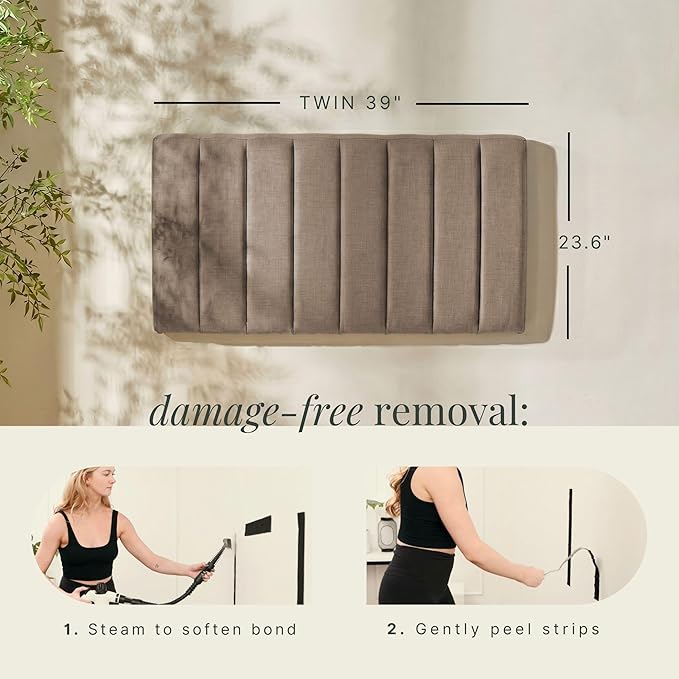 Hearth & Harbor Upholstered Twin Headboard - Easy Assemble Channel Stitched Headboard Twin Size - Wall Mounted Headboards with 3D Soundproof Wall Panels Peel & Stick Floating Headboards, Mocha