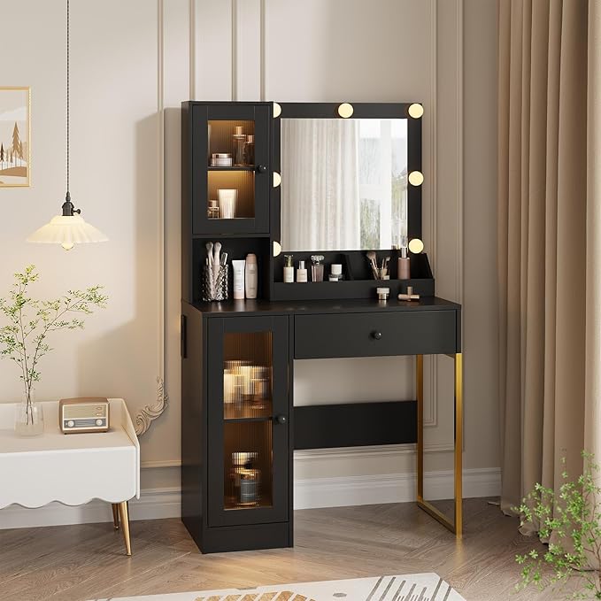 IDEALHOUSE Makeup Vanity Desk with Mirror and Lights, Vanity Table with Charging Station, 2 Open Compartments, 2 Acrylic-Door Cabinets, and RGB Lights Wood Dressing Table for Bedroom
