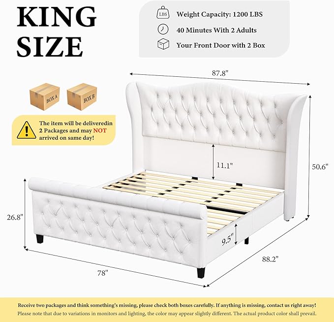 koorlian King Bed Frame,Chenille Upholstered Sleigh Bed with Scroll Wingback Headboard & Footboard,Luxury & Soft Button Tufted Modern King Bed,Easy Assembly,No Box Spring Needed
