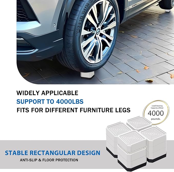 ANNKUT Bed Risers and Furniture Risers, Heavy Duty Adjustable Lifting Blocks for Couches, Desks, and Chairs, Elevates 1.5、3 or 4.3 Inches, Holds up to 4000 lbs (White)