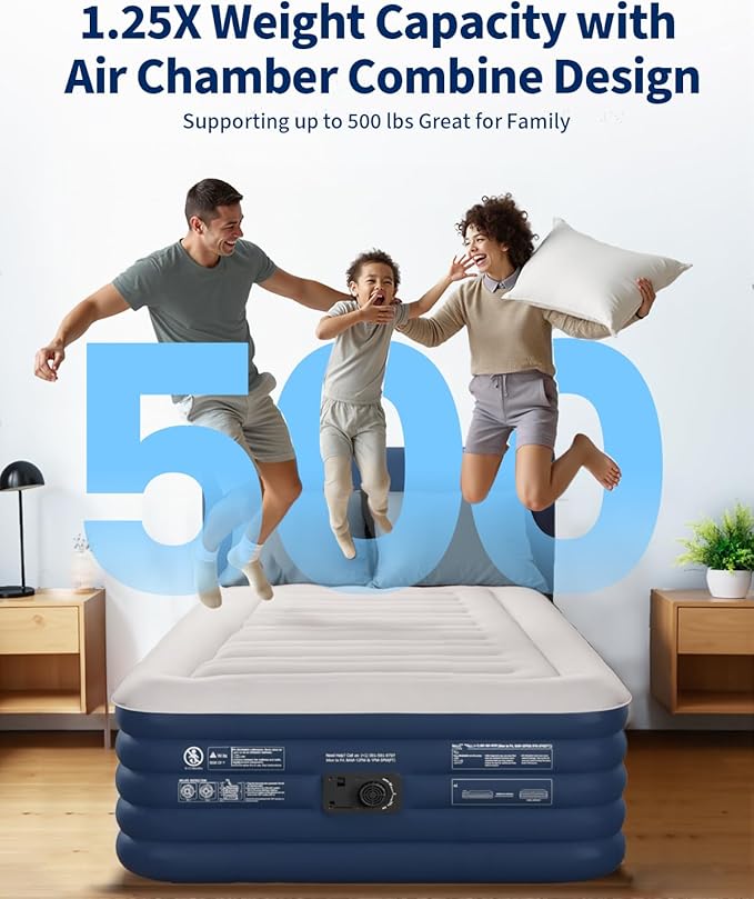 KINGJERRY Twin XL Air Mattress with Built in Pump, Upgraded 5-Layer Air Chamber, 18" Raised Inflatable Mattress, 500 lbs Heavy-Duty Support, 48Hr Leak-Tested Blow Up Bed for Home Guests & Camping
