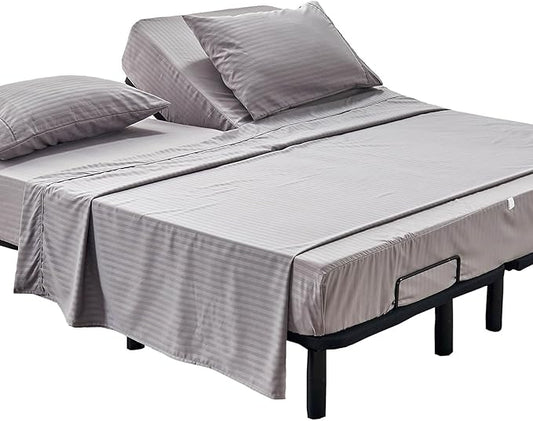 Kingnex Striped Split Top California King Sheets Sets for Adjustable Bed 4 Pieces Include 1 Flex Head Fitted Cal King Sheet 1 Flat Sheet 2 King Size Pillowcases Grey