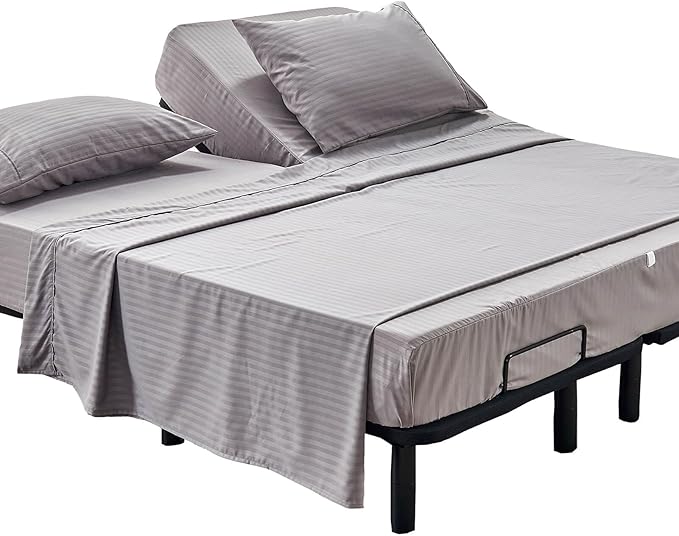Kingnex Striped 32-34 Split Top King Sheets Sets for Adjustable Bed with Strap Soft Brushed 1800 Microfiber 4 Pieces Flex Head King Bedding Set Grey
