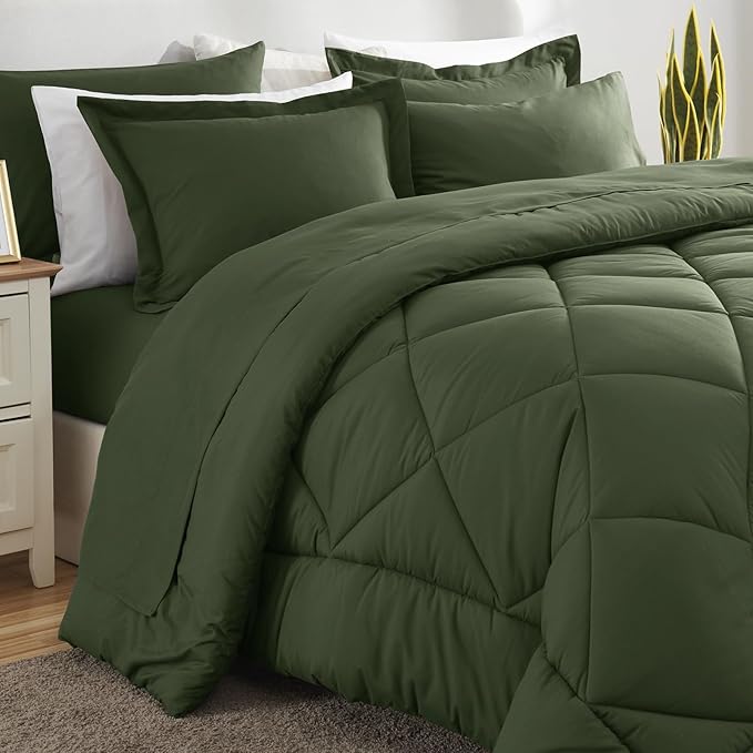 CozyLux Full Size Comforter Sets Olive Green - 7 Pieces Bed in a Bag Full, Luxury Soft Bed Set for All Seasons, Bedding Set with Down Alternative Comforter, Sheets, Pillowcases & Shams