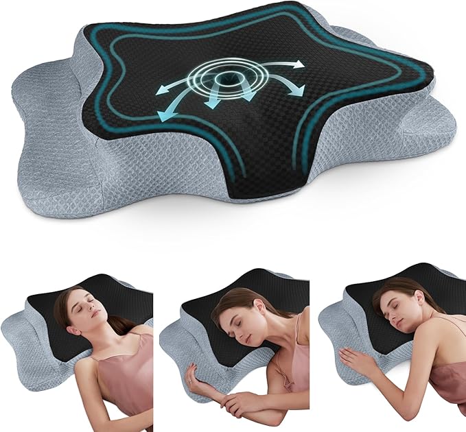 CHxxy Cervical Neck Pillow for Pain Relief Sleeping, Memory Foam Pillows, Ergonomic Side Sleeper Pillows Orthopedic Neck Support Pillow for Back Stomach Sleepers-King Size Black&Grey