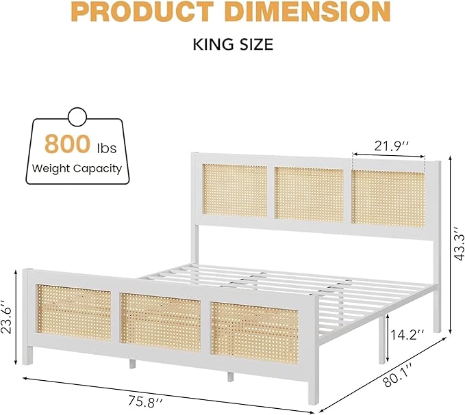 IDEALHOUSE Rattan Bed Frame with Headboard, Boho King Size Bed Frame with Strong Metal Slats Support, No Box Spring Needed, Noise-Free Design, White