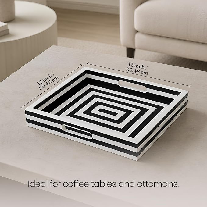 Handicrafts Home 12x12 Decorative Tray for Coffee Table, Centerpiece & Vanity, Black and White Resin Inlay Concentric Pattern Inspired Tray, Square Ottoman Tray for Home Decor, Perfume Organizer
