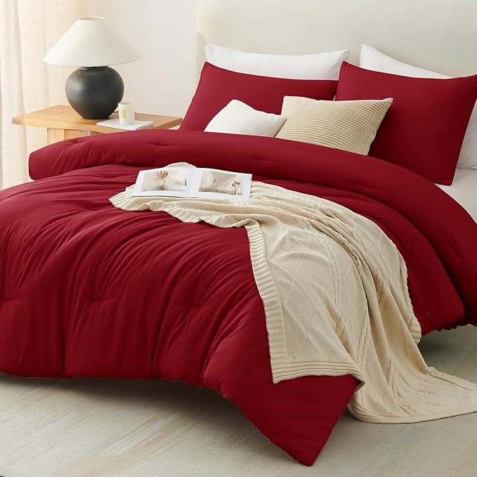 CozyLux Oversized King Comforter Set Dark Red, 3 Pieces 120x98 Solid Breathable Quilted Bedding Sets for All Seasons, Luxury Soft Lightweight Bed Set with Down Alternative Comforter and 2 Pillowcases
