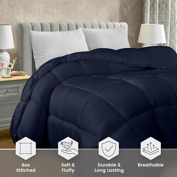 Utopia Bedding Queen Comforter Duvet Insert, Quilted Navy Comforter with Corner Tabs, Box Stitched Down Alternative Comforters Queen Size 88 x 88 inches