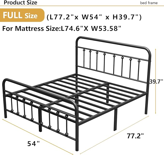 Vengarus Metal Bed Frame,Full Size Bed Frame with Headboard,Structurally Stable, Heavy Duty Steel Slat Supported,Under Bed Storage,No Box Spring Needed,14 Inch,Black