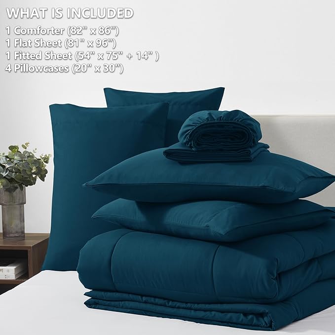 CozyLux Full Size Comforter Set Lyons Blue, 7 Pieces Bed in a Bag, Blue Comforter Full Size, All Season Bedding Sets with Stitch Quilted Comforter, Flat Sheet, Fitted Sheet, Pillowcases