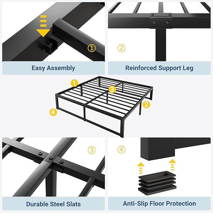 Allewie King Size Bed Frame, 14 Inch Metal Platform Bed Frame with 4000LBS Heavy Duty Steel Slats Support, Noise Free, Easy Assembly, No Box Spring Needed, Black