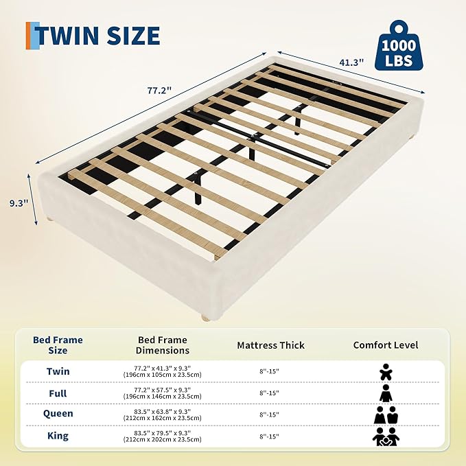 Twin Size Cloud Bed Frame，Teddy Fleece Low Bed Frame Without Headboard, Thick Boucle Fabric Upholstered Platform Bed, Solid Wood Legs, No Box Spring Needed, Never Squeak, Easy Assembly, Cream