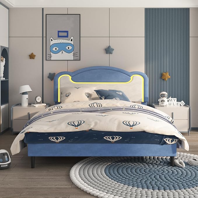 Garvee Full Size Upholstered Bed Frame with LED Lights & Fabric Headboard, Princess Platform Bed for Girls with Wood Slats, No Box Spring Needed (Blue White)