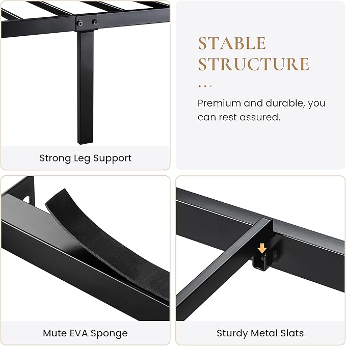 SHA CERLIN King Size Bed Frame with Modern Headboard, Heavy Duty Platform Metal Base with Footboard and 13 Slats Support, No Box Spring Needed, Black