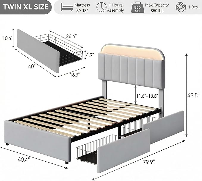Garvee Twin XL Size Bed Frame with 2 Flexible Drawers, Velvet Upholstered Platform Bed Frame with Bookcase Headboard and LED Lights, Kids Bed for Girls, Easy Assembly, Noise Free, Grey