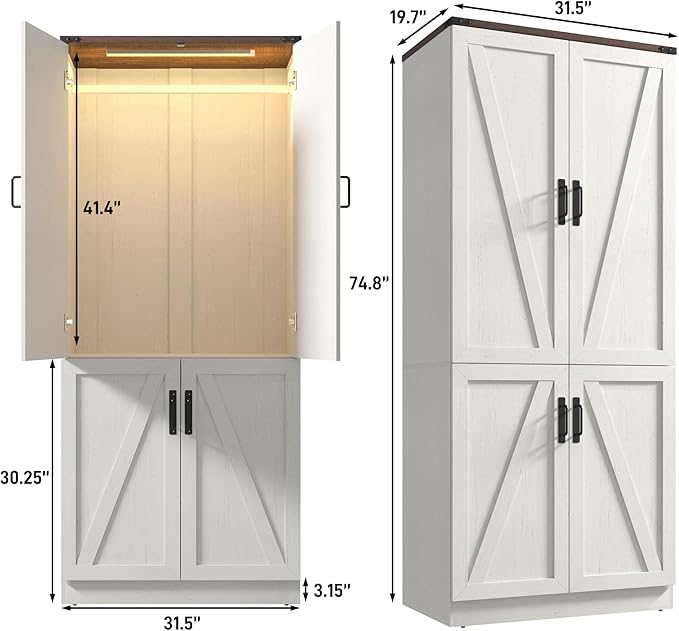 Hlivelood 75" Tall Farmhouse 2 Doors Armoire Wardrobe Closet with LED,Freestanding Closet Wardrobe Cabinet for Bedroom with Hanging Rod,Wooden Armoire Storage Cabinet Adjustable(Rustic Off White)