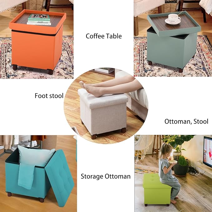 Dorriss Storage Ottoman - Foldable Footstool with Storage, Square Tray, Coffee Table Lid, Light Green