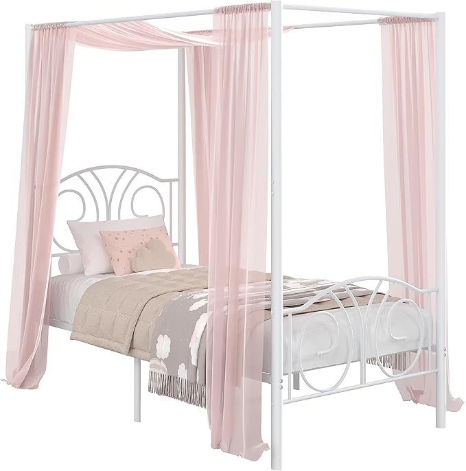 VECELO Metal Canopy Bed Frame Twin Size, 4 Posters Platform Mattress Foundation with Headboard, Heavy Duty Steel Slats Support, No Box Spring Needed, Pure White