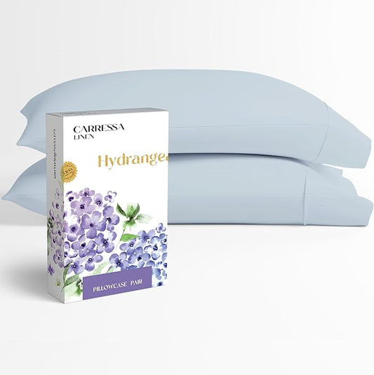Carressa Linen 100% Egyptian Cotton King Size Pillow Cases Set of 2 - Luxury 600 Series Hydrangeas Collection King Pillowcases (Light Blue), Soft Cooling, Sateen Weave Hotel Quality Bed Pillow Cover
