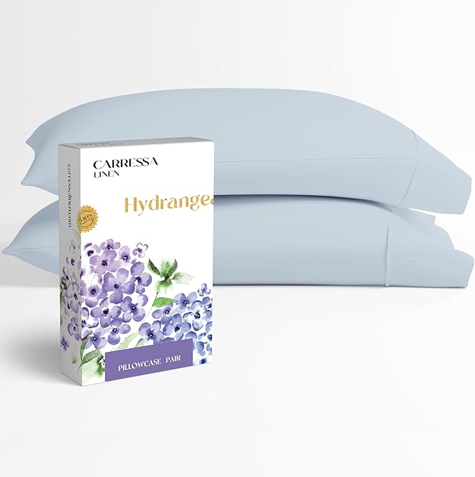 Carressa Linen 100% Egyptian Cotton Pillow Cases Queen Size Set of 2 - Luxury 600 Series Hydrangeas Collection Queen Size Pillowcases (Light Blue), Cooling Sateen Weave Hotel Quality Bed Pillow Cover