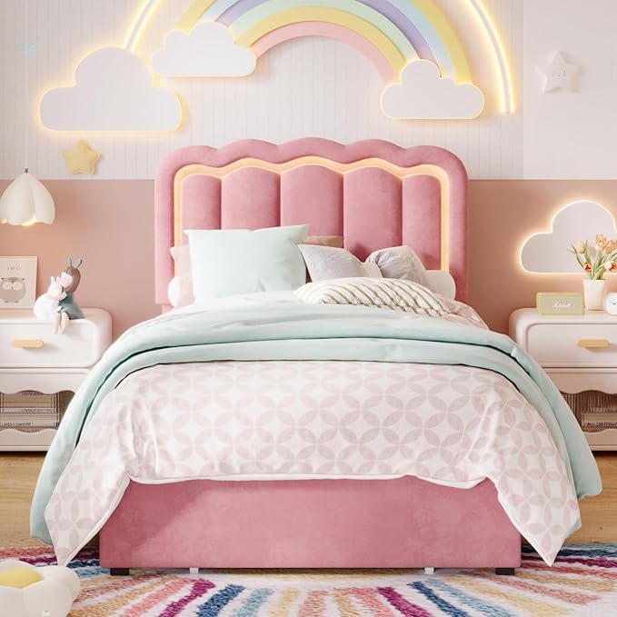 SHA CERLIN Upholstered Twin Size Bed Frame with LED Lights and Large Storage Drawer, Velvet Platform Bed with Adjustable Wavy Headboard, Noise Free, Easy Assembly, No Box Spring Needed, Soft Pink