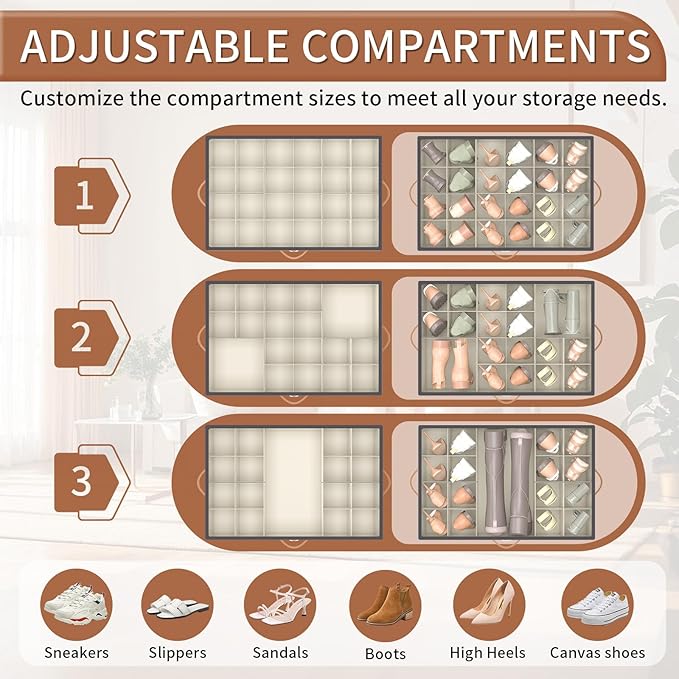 Shoe Organizer for Closet, 2 Pack Shoe Storage Organizer with Wheels and Adjustable Dividers, Shoe Storage Box with Clear Cover, Foldable Closet Shoe Organizer Fits up to 24-48 Pairs, Gray and Beige