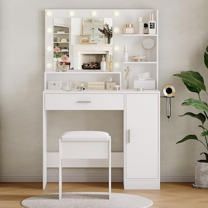 Garvee Vanity Desk with Mirror and Light, Makeup Dressing Table with Large Drawers and 3-Level Storage Dresser, 3 Lighting Modes Adjustable Brightness, Modern Vanity Set for Bedroom, White