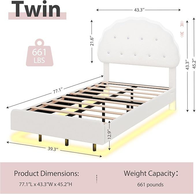 Cookie Twin Upholstered Bed Frame with LED Lights, Floating Bed Frames with Adjustable Headboard and Raised Footboard for Princess/Prince Bedroom, Teddy Velvet（White） | Cookie Bed Frame